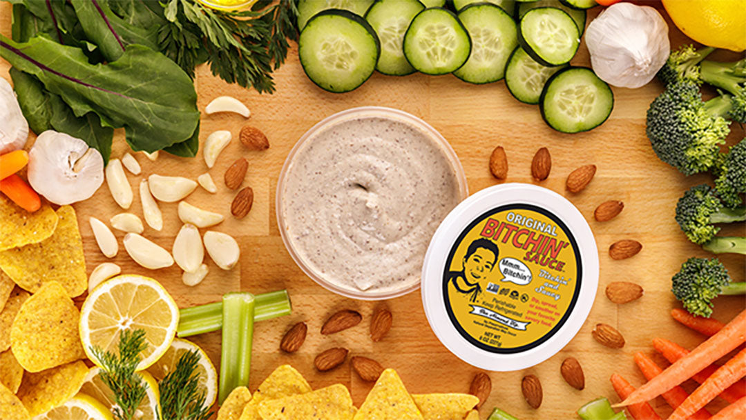 Original Bitchin Sauce with Veggies on a platter