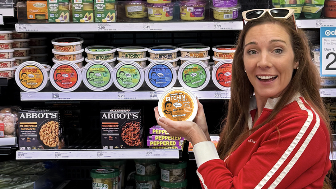 Starr with pumpkin pie sauce in the store