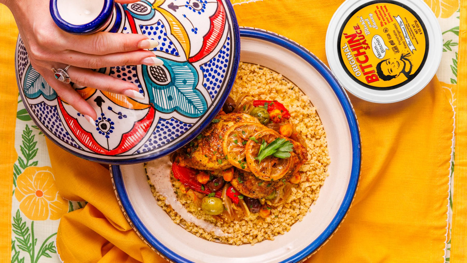 Satiating chicken and couscous bowl with roasted peppers, chickpeas, and Original Bitchin' Sauce
