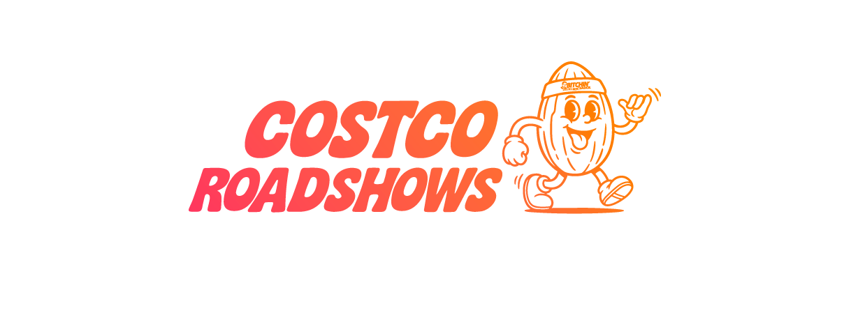 Costco roadshow banner featuring an almond giving a shaka hand signal