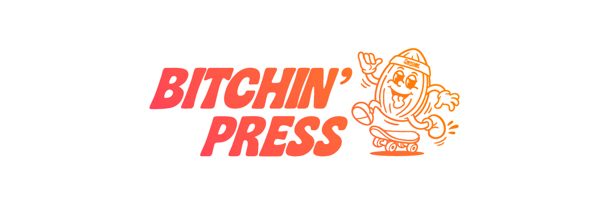 Bitchin Press banner featuring a skatboarding almond