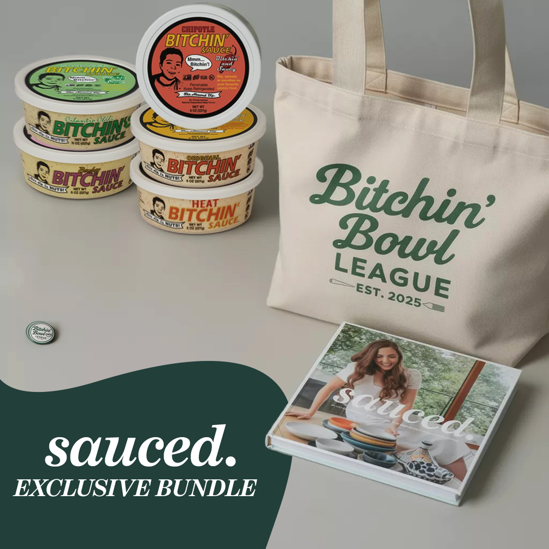Sauce bundle featuring 5 sauces, a tote, a pin, and the bitchin sauced cook book