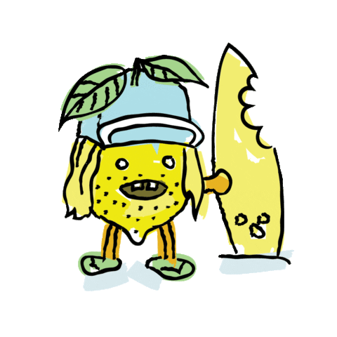 Lemon critter holding a surfboard