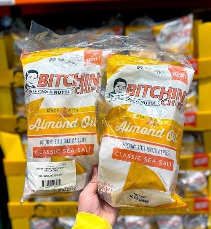 Two bags of Bitchin' Chips made with almond oil, Classic Sea Salt