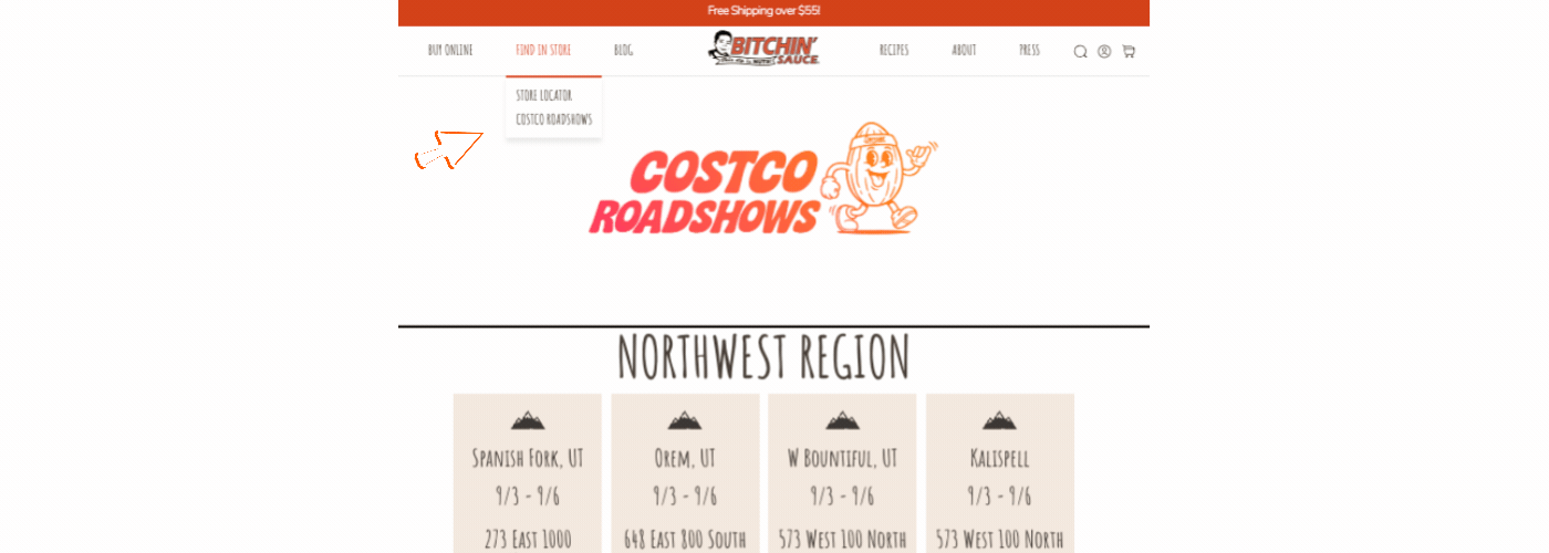 Animation of the Bitchin' Costco Roadshows page listing warehouse dates by region