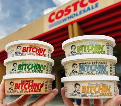 Bitchin' Sauce multi-pack tubs held up outside a Costco warehouse