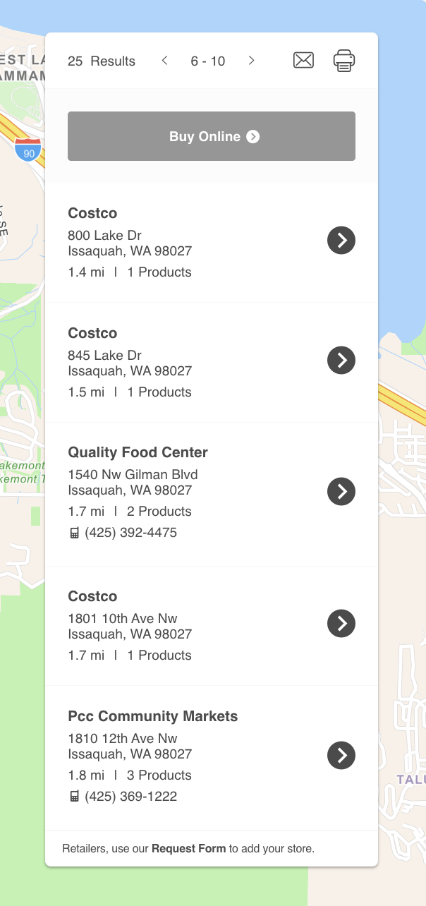 Bitchin' store locator results listing nearby Costco warehouses and product counts