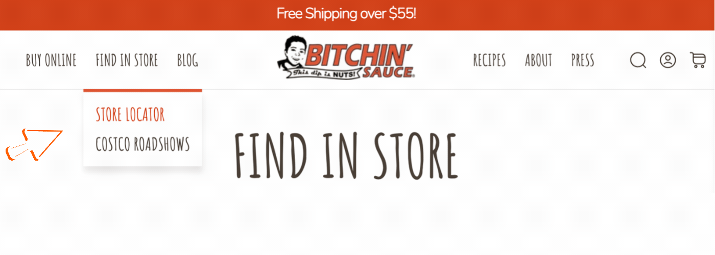 Animation showing the Find in Store menu and Store Locator link on bitchinsauce.com