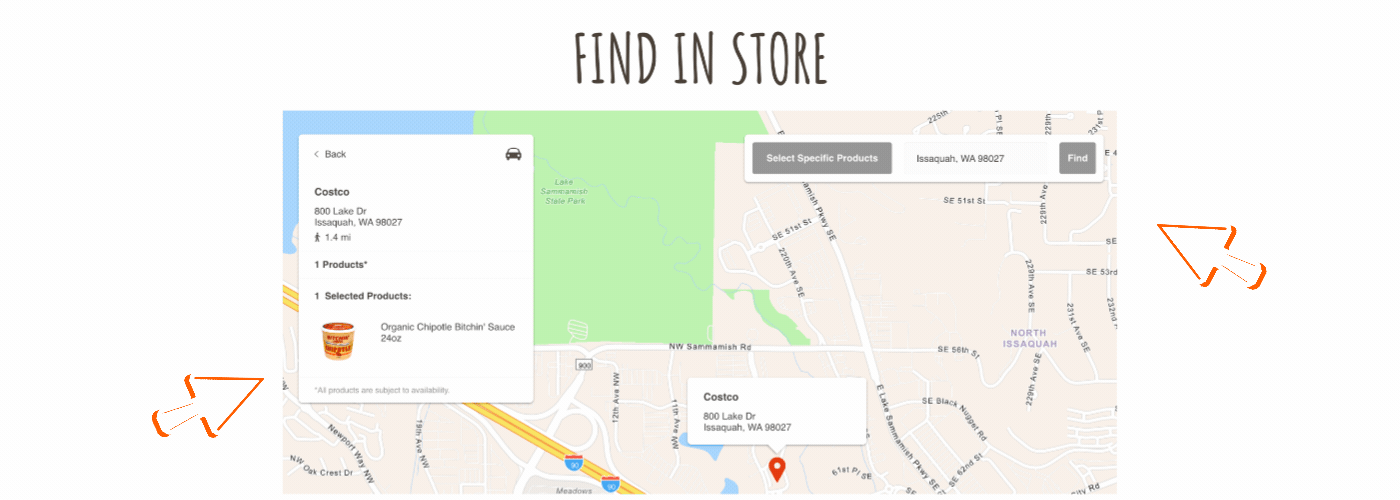 Animation of the Bitchin' store locator map showing products stocked at a selected store