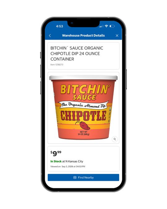 Costco app showing Bitchin' Sauce Organic Chipotle 24-ounce in stock at a Kansas City warehouse