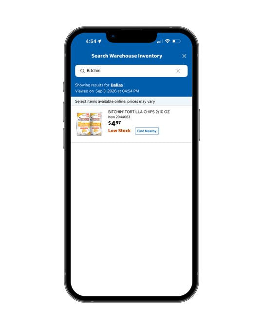 Costco app warehouse inventory search in Dallas showing Bitchin' tortilla chips with low stock