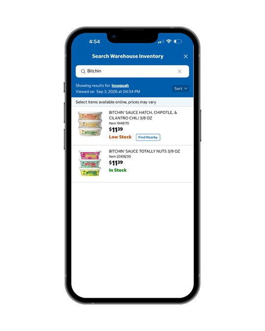 Costco app warehouse inventory search in Issaquah showing Bitchin' Sauce multi-packs