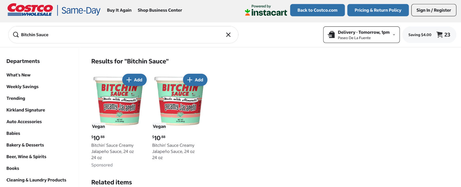 Costco Same-Day search results showing 24-ounce Bitchin' Sauce tubs available for delivery