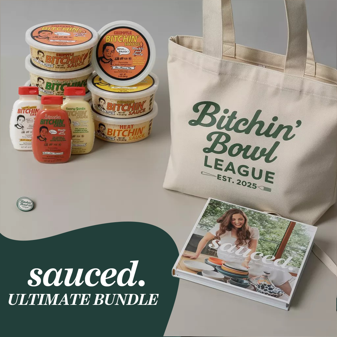 Sauce bundle featuring 10 sauces, a tote, a pin, and the bitchin sauced cook book